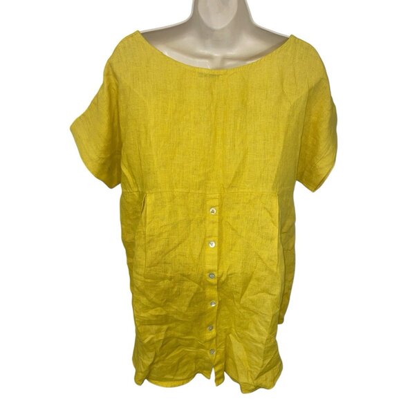 Terzo Millennio Womens Medium Yellow 100% Linen Blouse Tunic Button Back - Picture 4 of 10